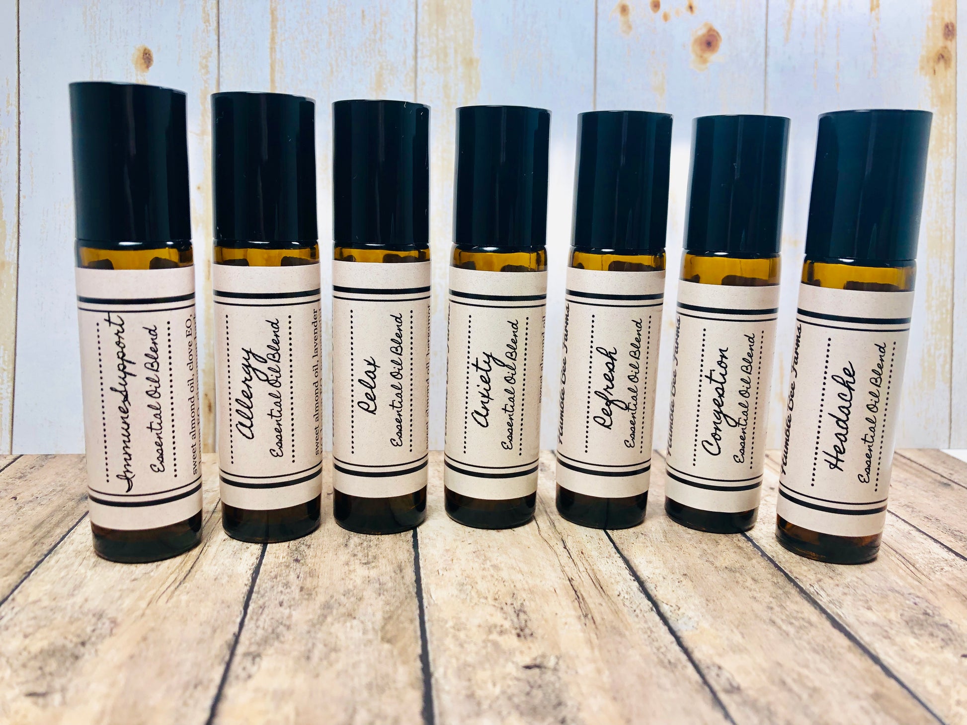 Roller bottles of essential Oil Blends from Humble Bee Farms. 