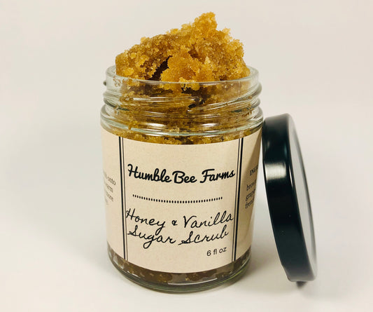 A jar of Honey & Vanilla Brown Sugar Scrub from Humble Bee Farms. Honey & Vanilla Brown Sugar Scrub is a gentle exfoliator, perfect for your face or those with sensitive skin. 