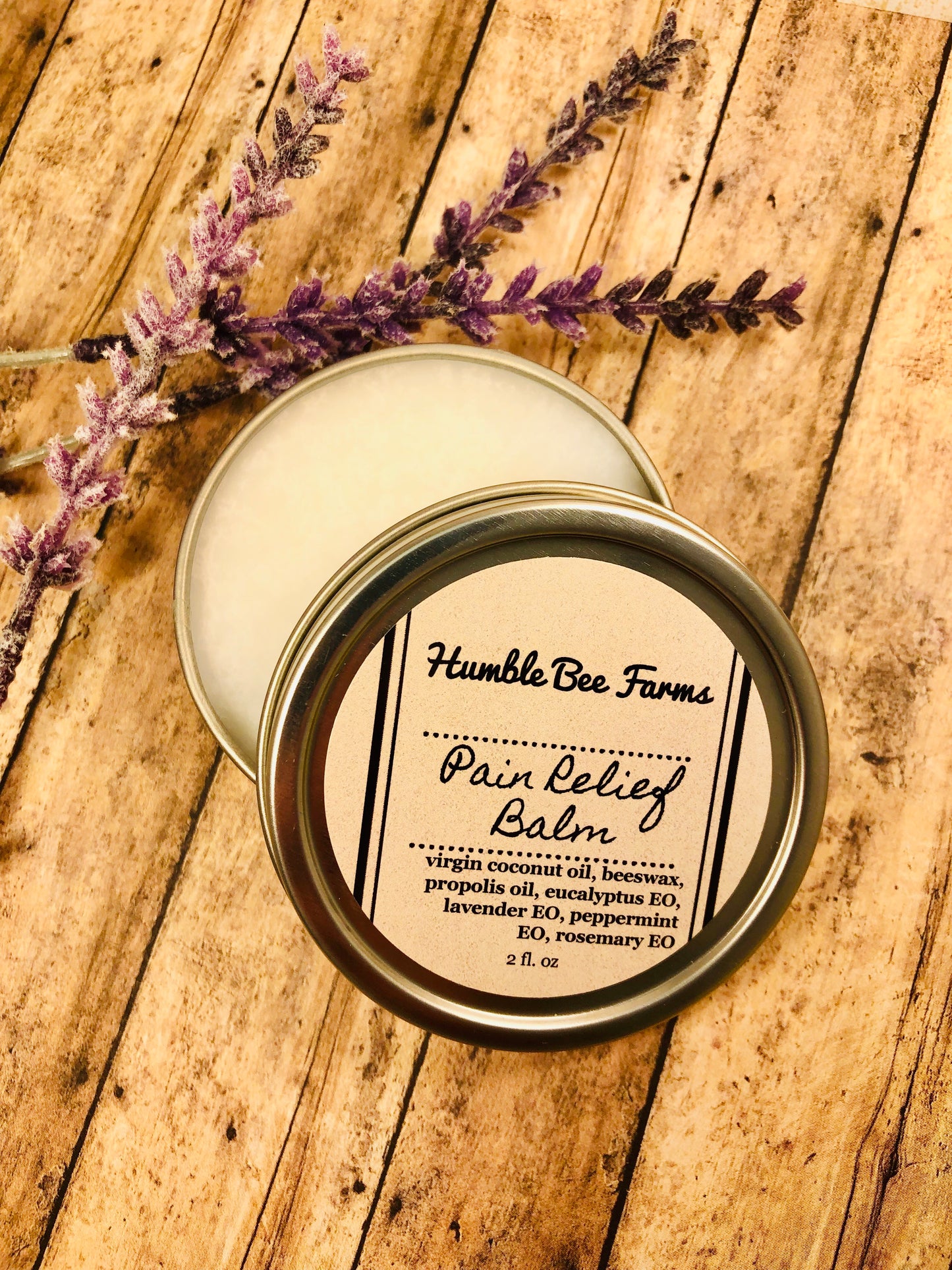 A tin of Pain Relief Balm from Humble Bee Farms. Pain Relief Balm is an all natural alternative to toxic muscle rubs.
