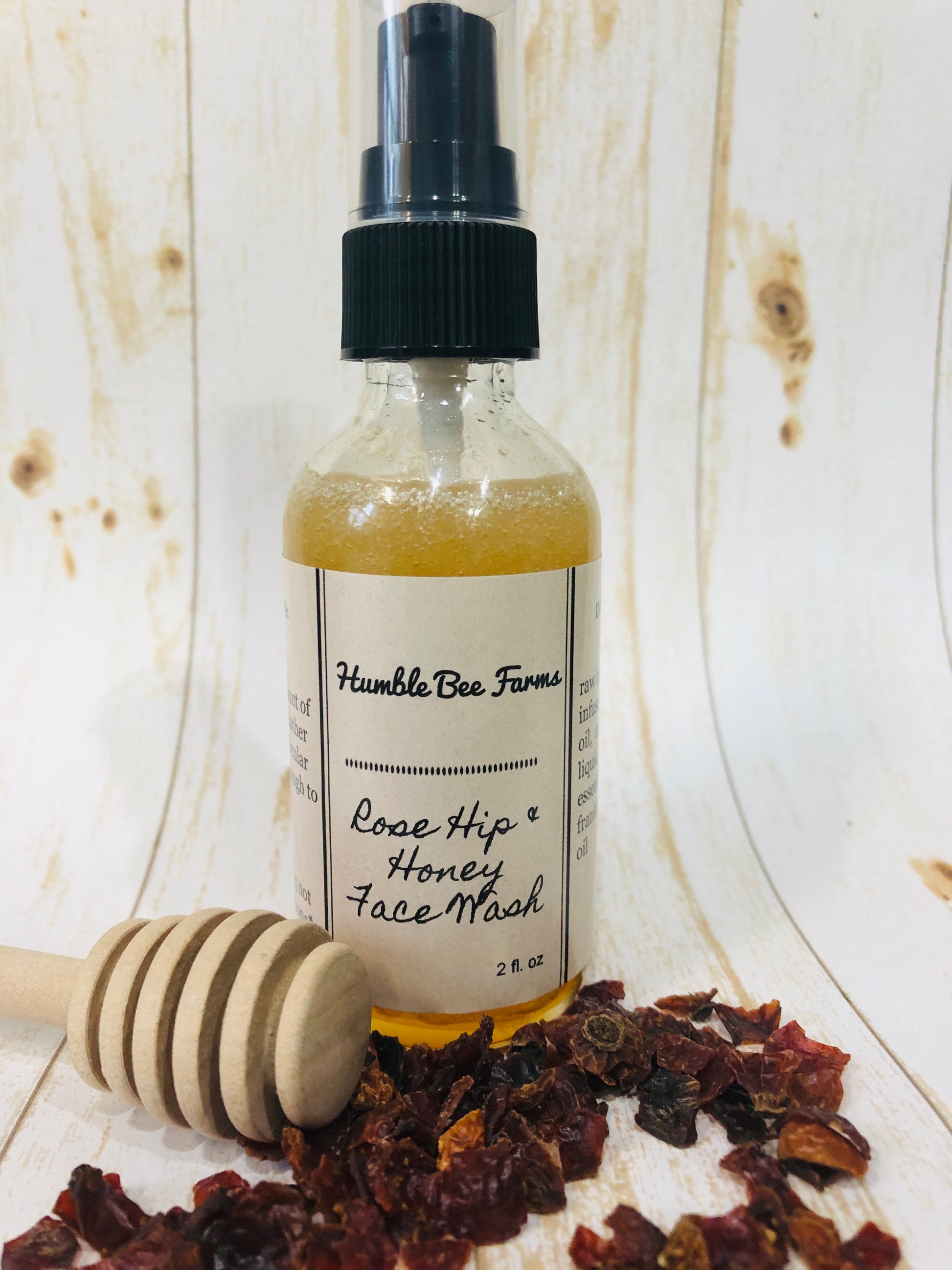 A bottle of Rose Hip & Honey Face Wash from Humble Bee Farms. This face wash is great for acne, aging, or sensitive skin! 