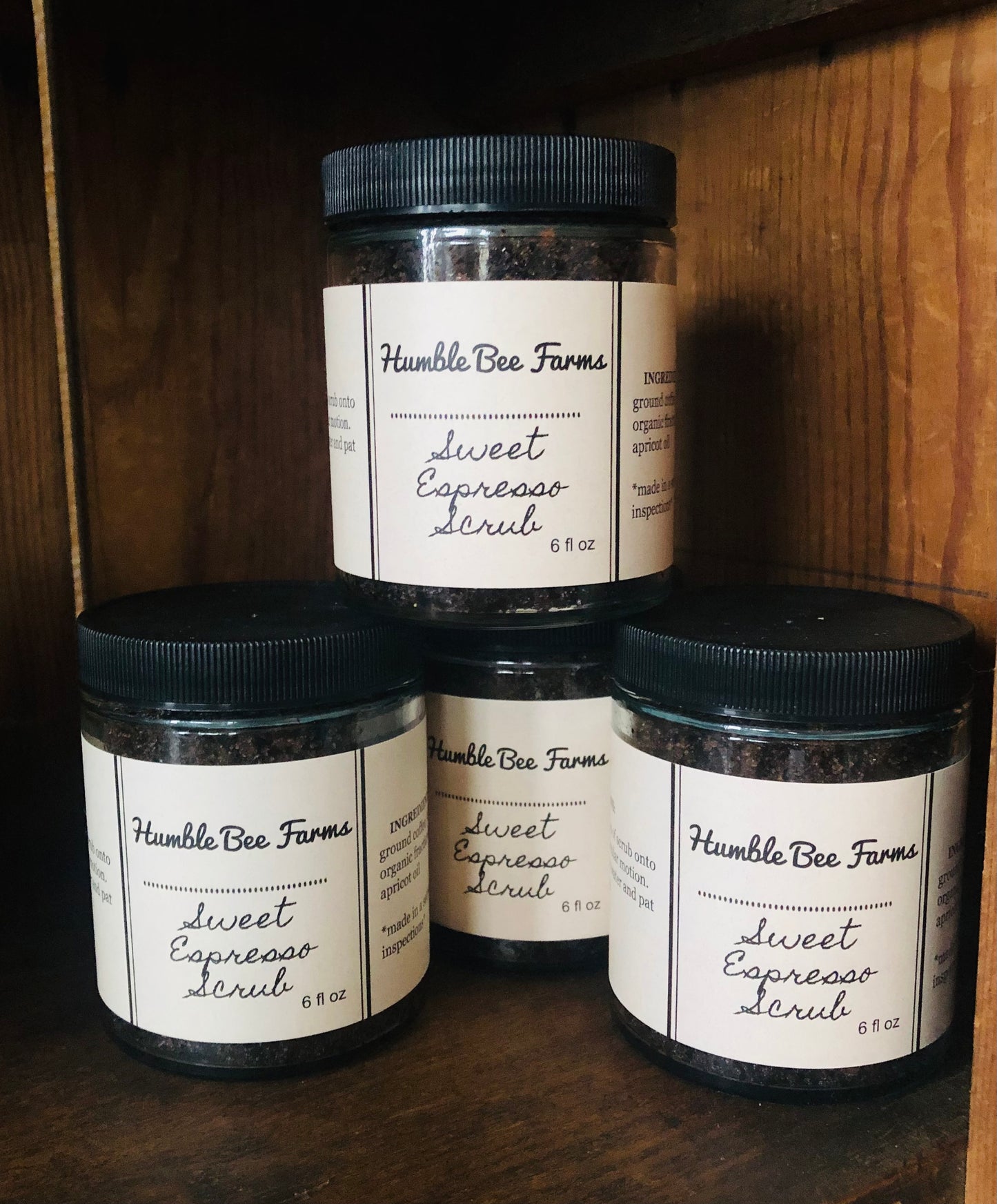 Jars of Sweet Espresso Scrub from Humble Bee Farms. Created with all-natural ingredients, perfect to moisturize and exfoliate your skin. 