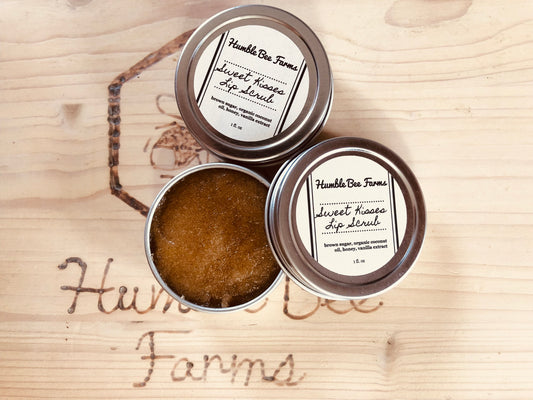 Small tins of Sweet Kisses Lip Scrub from Humble Bee Farms. So gentle and sweet you can eat it right off your lips! 