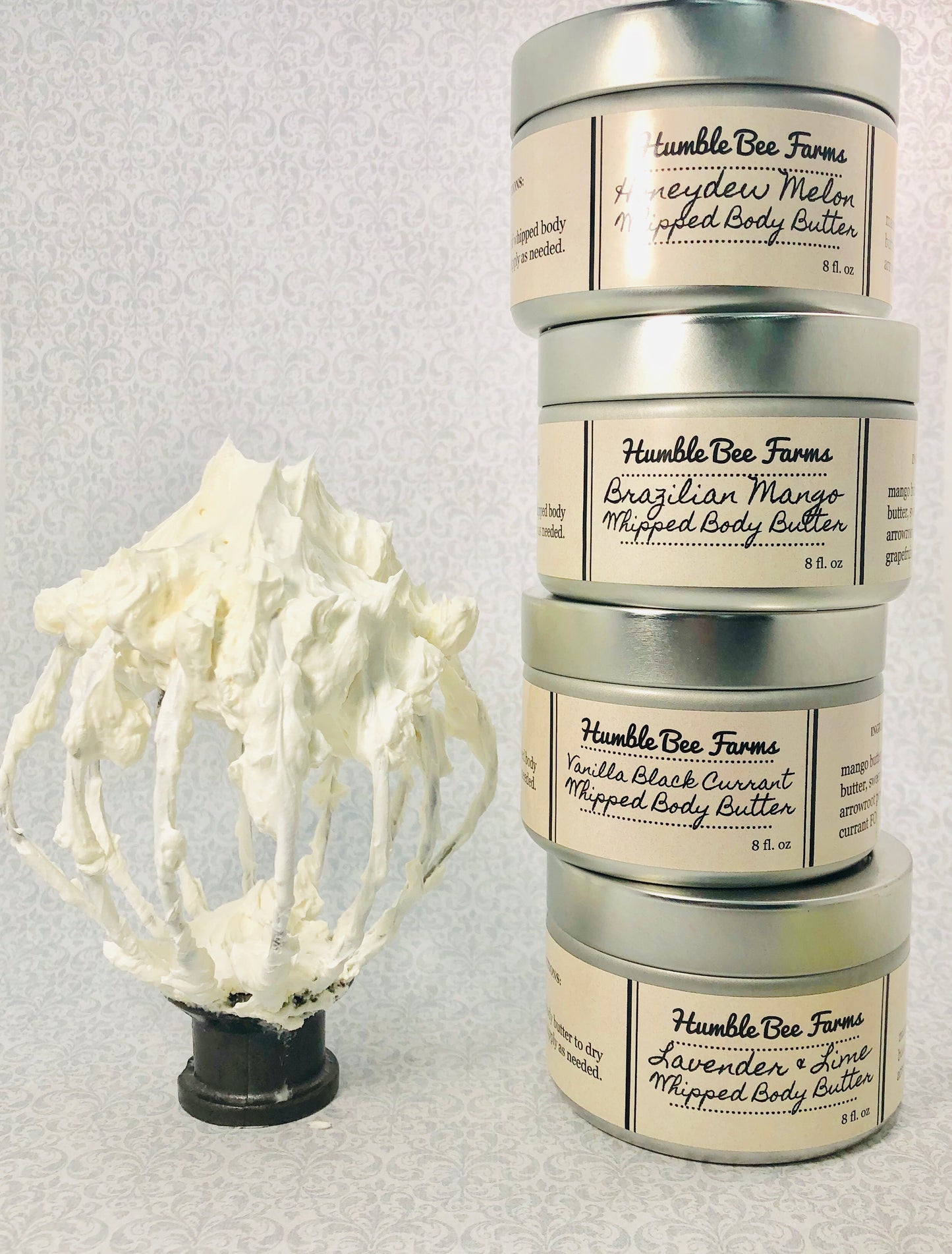  4 containers of Whipped Body Butter from Humble Bee Farms. Whipped Body Butter is silky smooth and melts on contact.  Made with four skin nourishing butters and two heathy oils.
