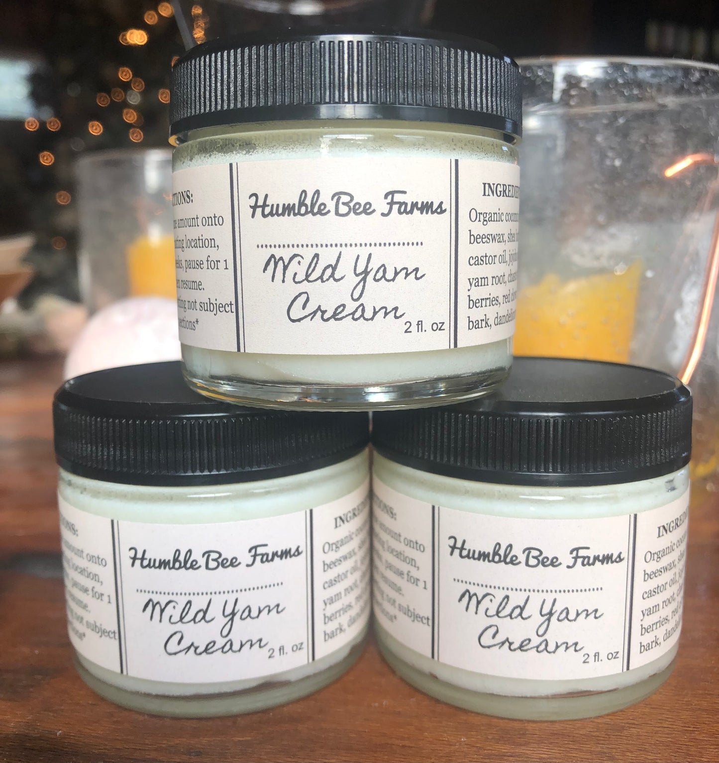 Jars of Wild Yam Cream from Humble Bee Farms. This silky smooth cream is made with five hormone regulating herbs infused in four healing, natural oils. 